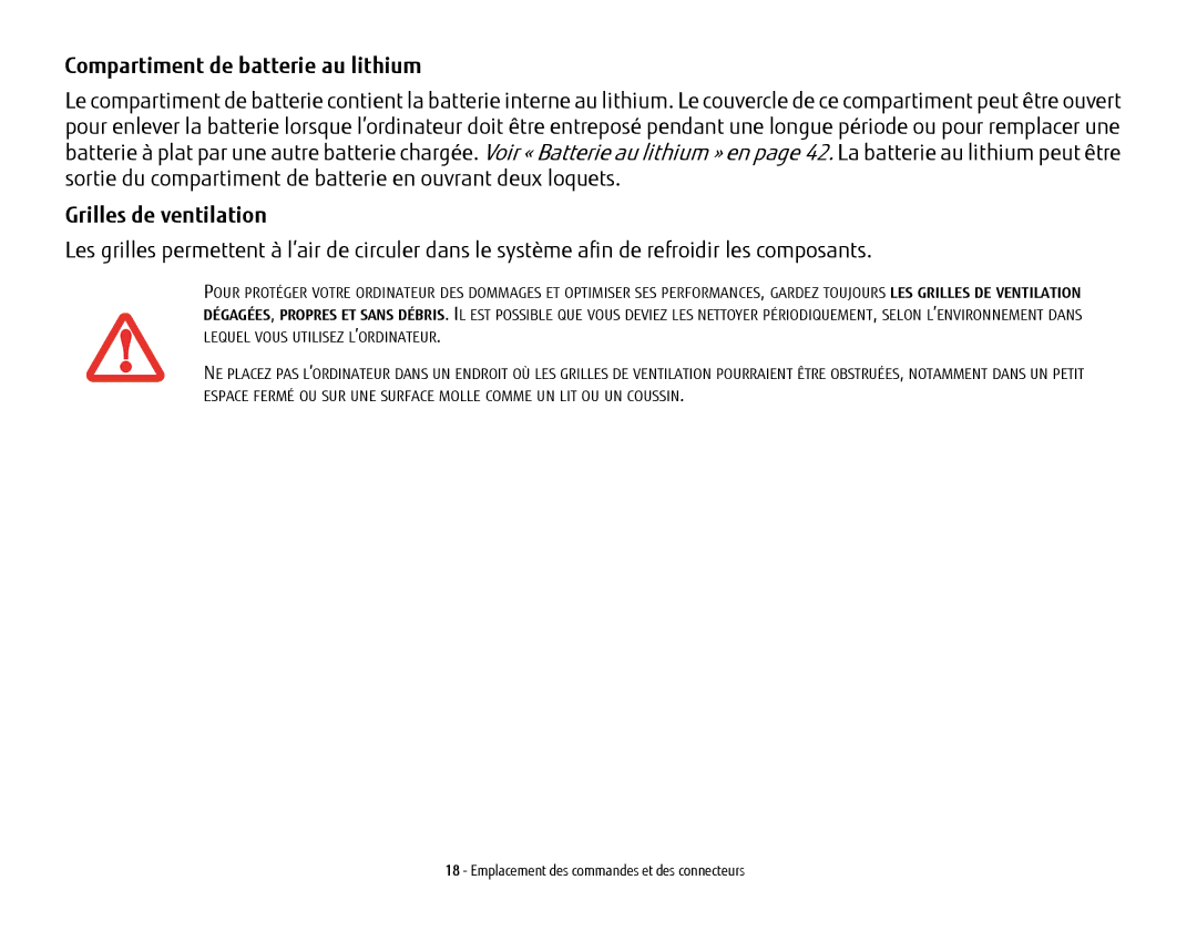 Fujitsu USDLH532 manual Compartiment de batterie au lithium, Grilles de ventilation 