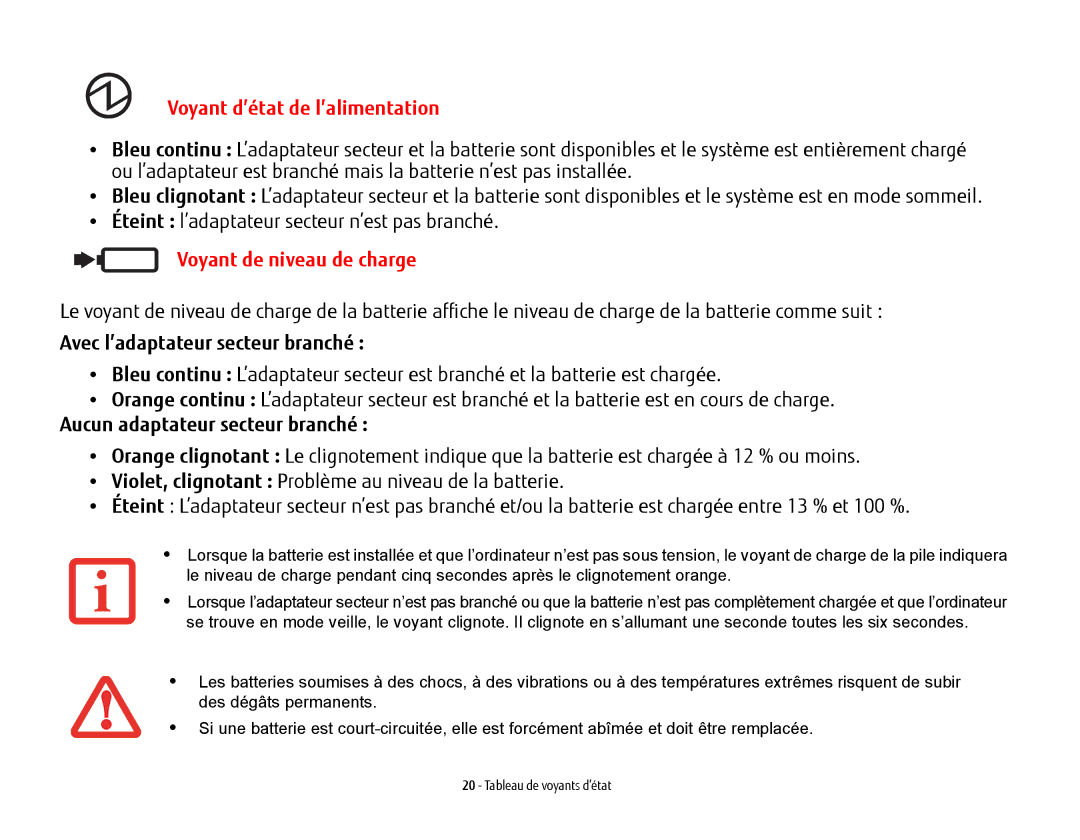 Fujitsu USDLH532 manual Voyant d’état de l’alimentation, Voyant de niveau de charge, Avec l’adaptateur secteur branché 