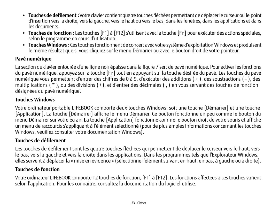 Fujitsu USDLH532 manual Pavé numérique, Touches Windows, Touches de défilement, Touches de fonction 