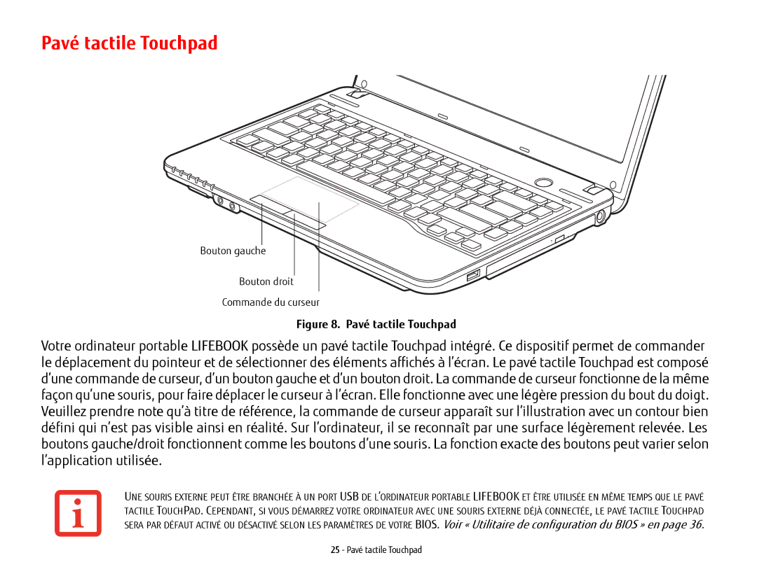 Fujitsu USDLH532 manual Pavé tactile Touchpad 