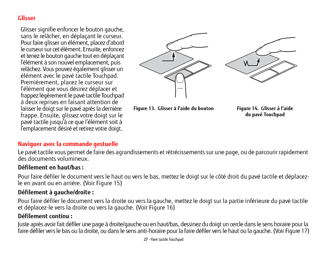 Fujitsu USDLH532 manual Glisser, Naviguer avec la commande gestuelle, Défilement en haut/bas, Défilement à gauche/droite 