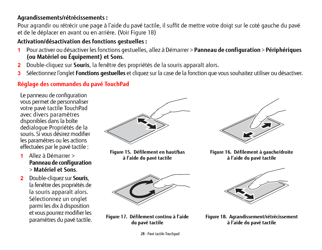 Fujitsu USDLH532 manual Agrandissements/rétrécissements, Activation/désactivation des fonctions gestuelles 