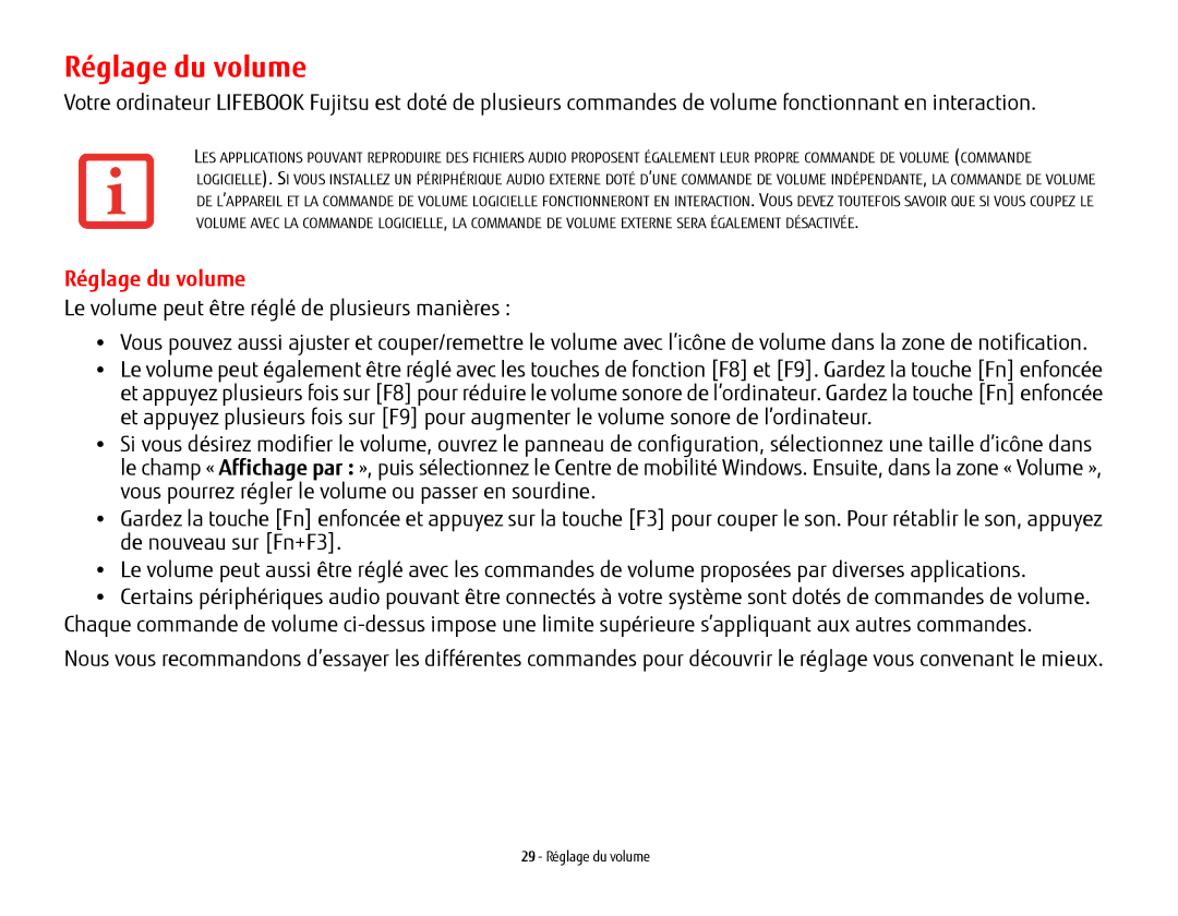 Fujitsu USDLH532 manual Réglage du volume 