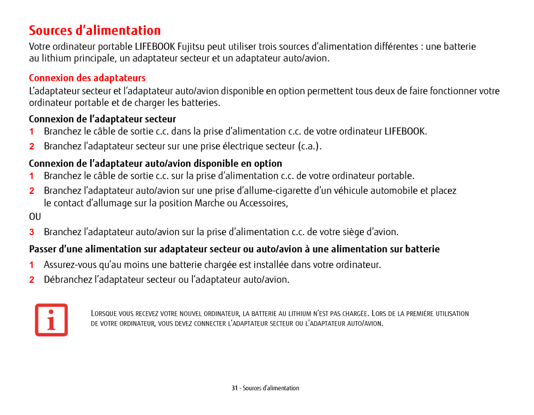 Fujitsu USDLH532 manual Sources d’alimentation, Connexion des adaptateurs, Connexion de l’adaptateur secteur 