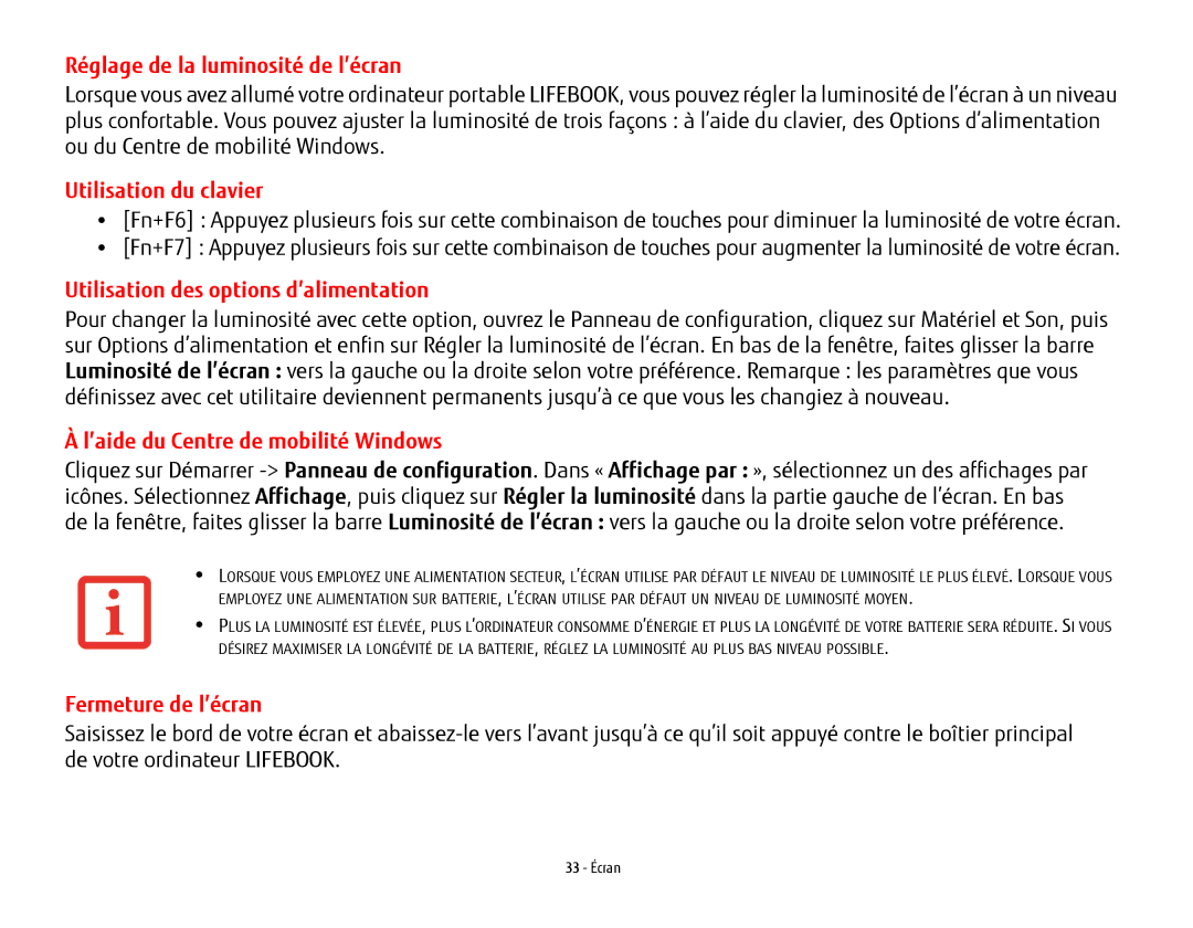 Fujitsu USDLH532 manual Réglage de la luminosité de l’écran, Utilisation des options d’alimentation, Fermeture de l’écran 