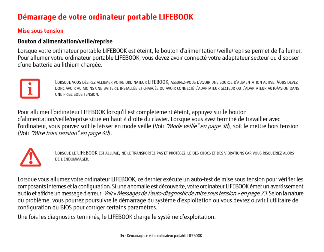 Fujitsu USDLH532 manual Démarrage de votre ordinateur portable Lifebook, Mise sous tension 