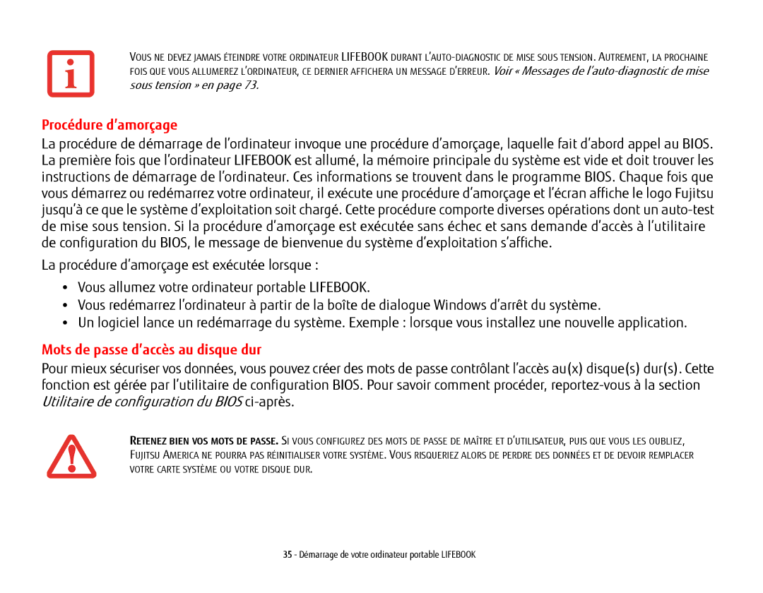 Fujitsu USDLH532 manual Procédure d’amorçage, Mots de passe d’accès au disque dur 