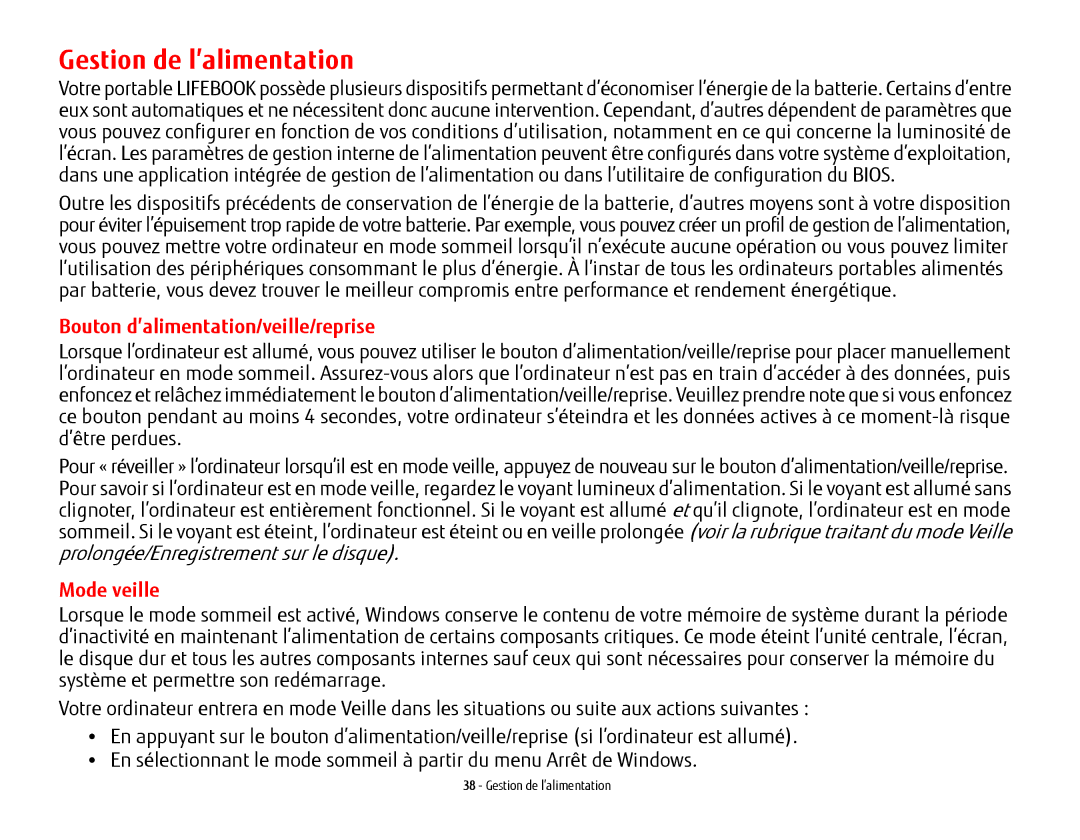 Fujitsu USDLH532 manual Gestion de l’alimentation, Bouton d’alimentation/veille/reprise, Mode veille 