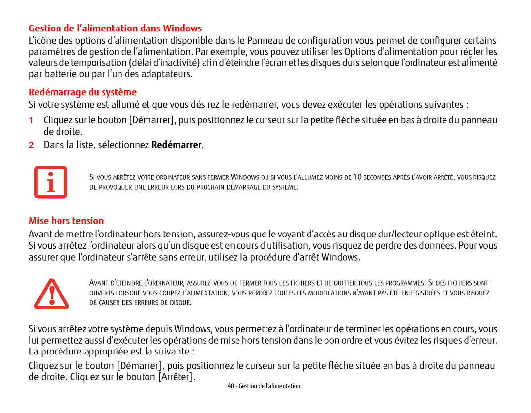 Fujitsu USDLH532 manual Gestion de l’alimentation dans Windows, Redémarrage du système, Mise hors tension 