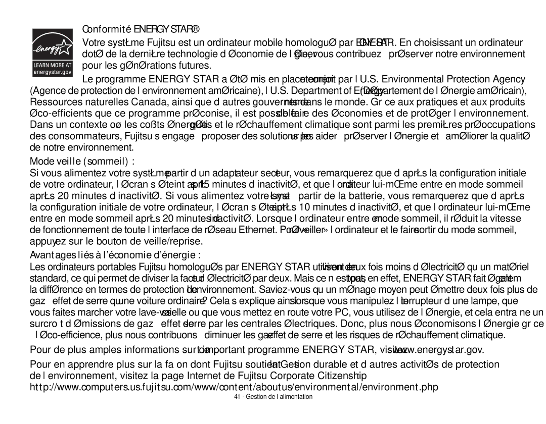 Fujitsu USDLH532 manual Conformité Energy Star, Mode veille sommeil, Avantages liés à l’économie d’énergie 