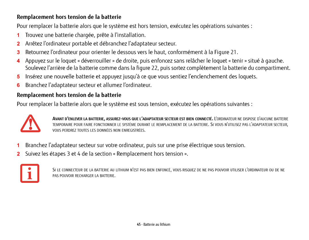 Fujitsu USDLH532 manual Remplacement hors tension de la batterie 