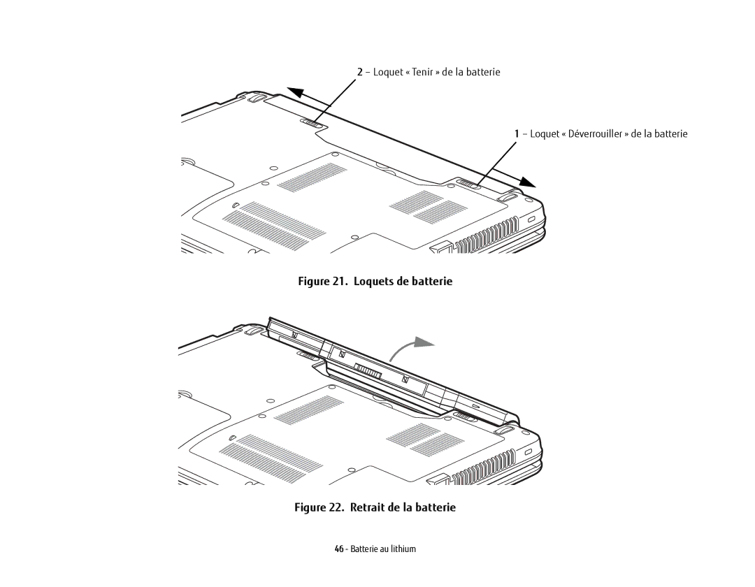 Fujitsu USDLH532 manual Loquets de batterie 