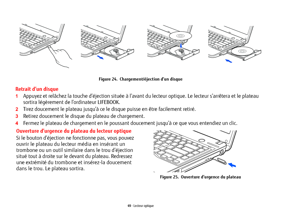 Fujitsu USDLH532 manual Retrait d’un disque, Ouverture d’urgence du plateau du lecteur optique 