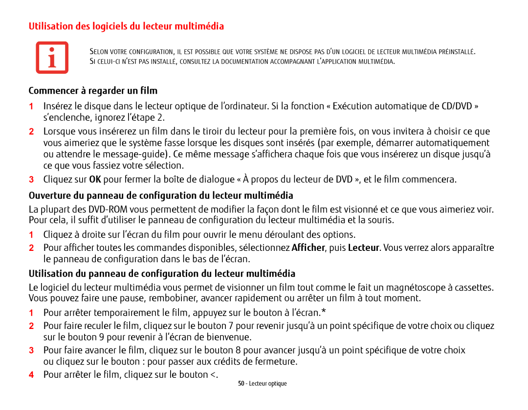 Fujitsu USDLH532 manual Utilisation des logiciels du lecteur multimédia, Commencer à regarder un film 