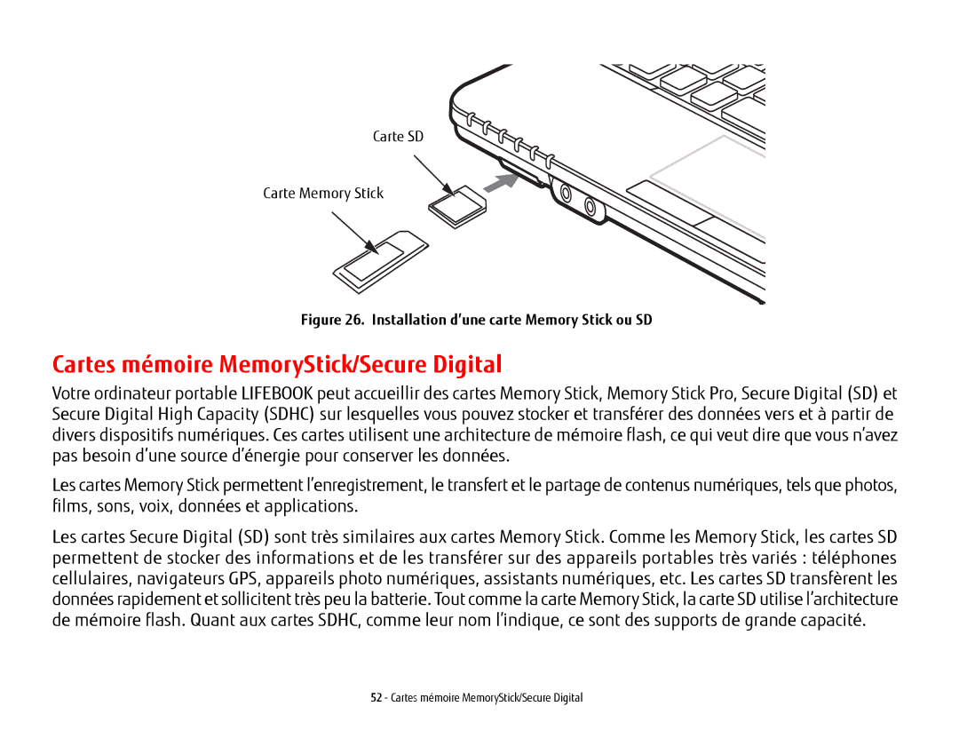 Fujitsu USDLH532 manual Cartes mémoire MemoryStick/Secure Digital, Installation d’une carte Memory Stick ou SD 