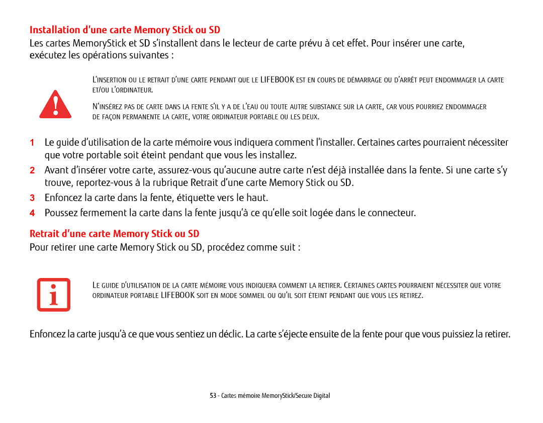 Fujitsu USDLH532 manual Installation d’une carte Memory Stick ou SD, Retrait d’une carte Memory Stick ou SD 