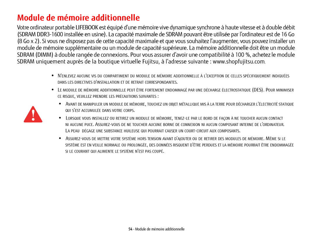 Fujitsu USDLH532 manual Module de mémoire additionnelle 