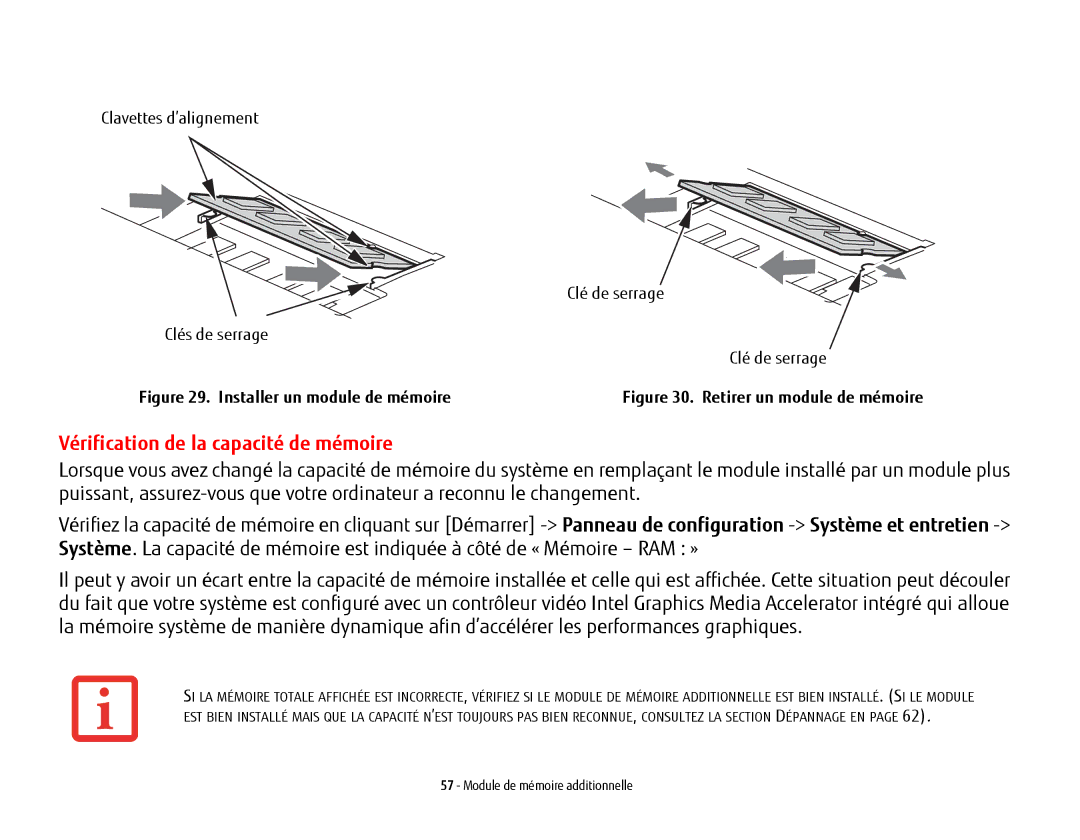 Fujitsu USDLH532 manual Vérification de la capacité de mémoire, Installer un module de mémoire 