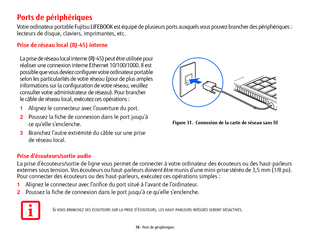 Fujitsu USDLH532 manual Ports de périphériques, Prise de réseau local RJ-45 interne, Ce qu’elle s’enclenche 