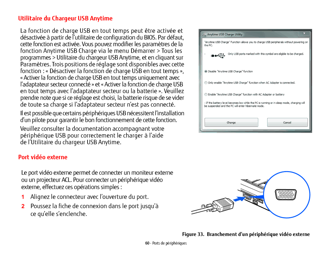 Fujitsu USDLH532 manual Utilitaire du Chargeur USB Anytime, Port vidéo externe 