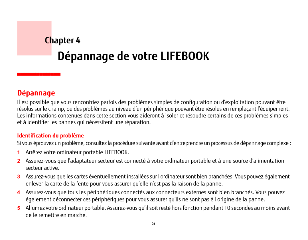 Fujitsu USDLH532 manual Dépannage de votre Lifebook, Identification du problème 