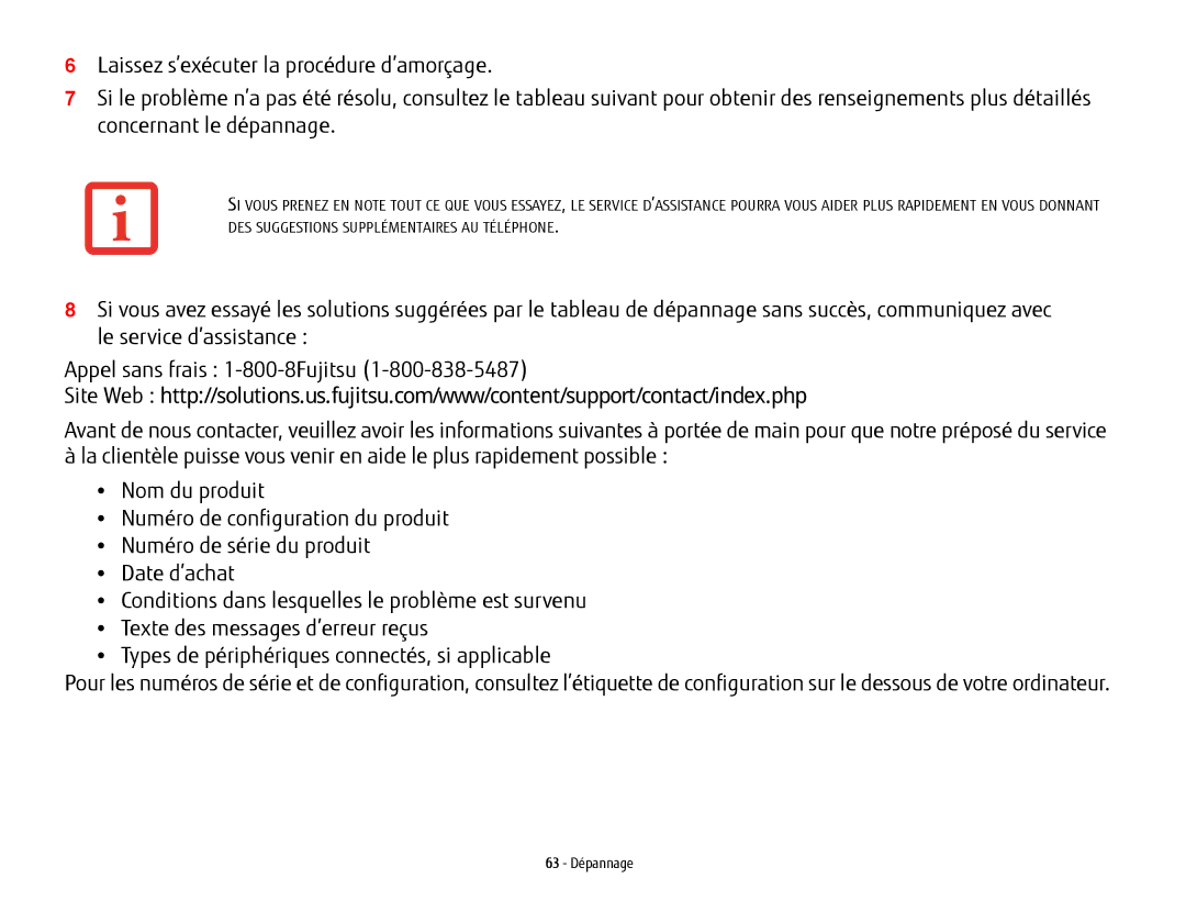 Fujitsu USDLH532 manual 63 Dépannage 