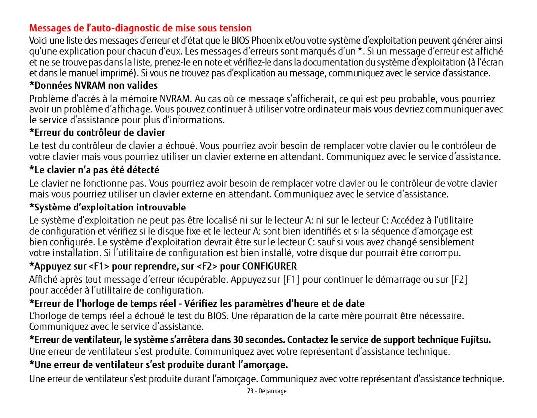 Fujitsu USDLH532 manual Messages de l’auto-diagnostic de mise sous tension 