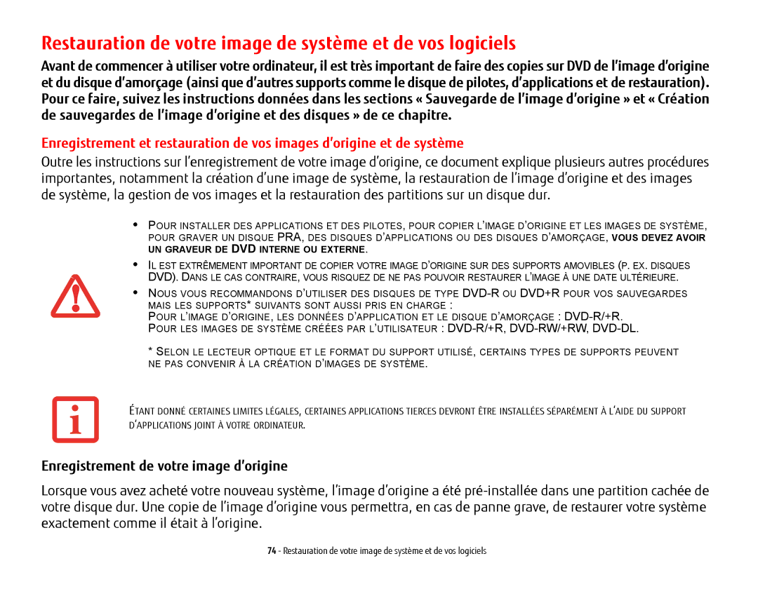 Fujitsu USDLH532 manual Restauration de votre image de système et de vos logiciels, Enregistrement de votre image d’origine 