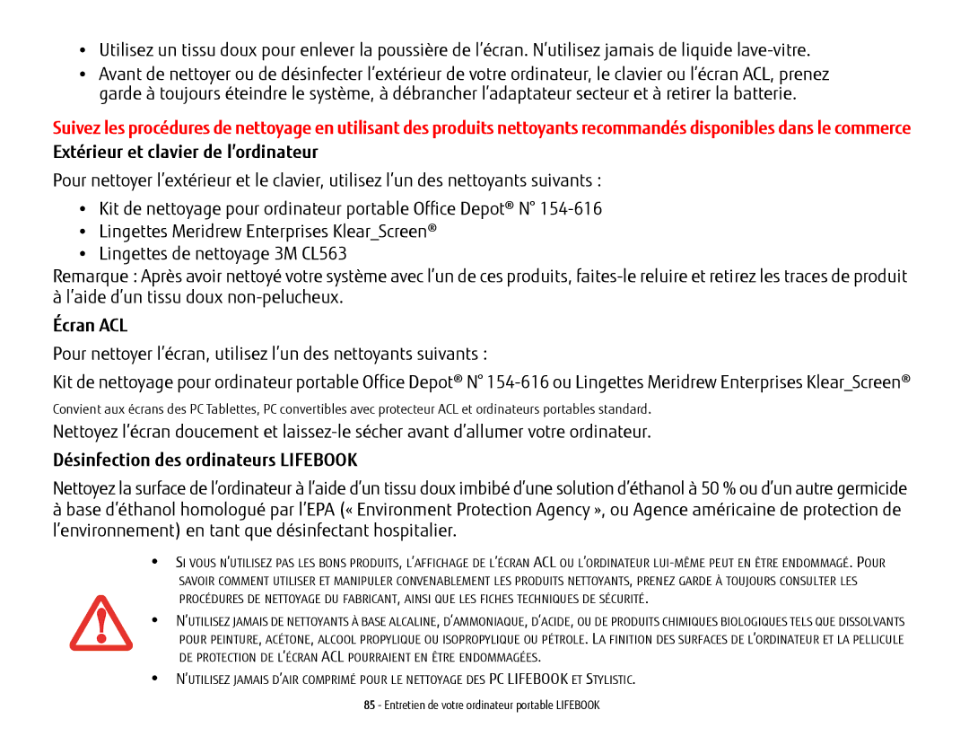 Fujitsu USDLH532 manual Écran ACL, Désinfection des ordinateurs Lifebook 