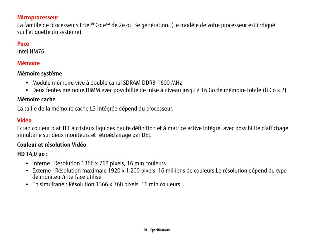 Fujitsu USDLH532 manual Microprocesseur, Puce, Mémoire, Vidéo 