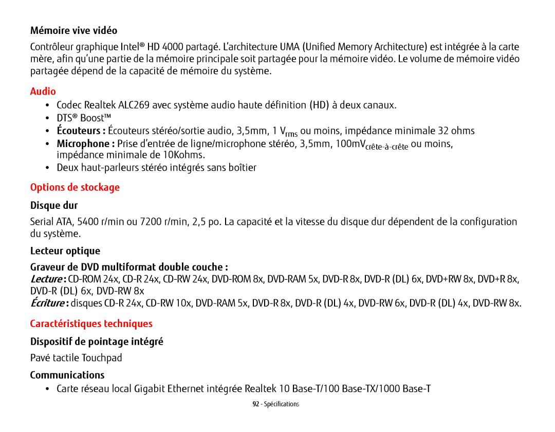 Fujitsu USDLH532 manual Options de stockage, Caractéristiques techniques 