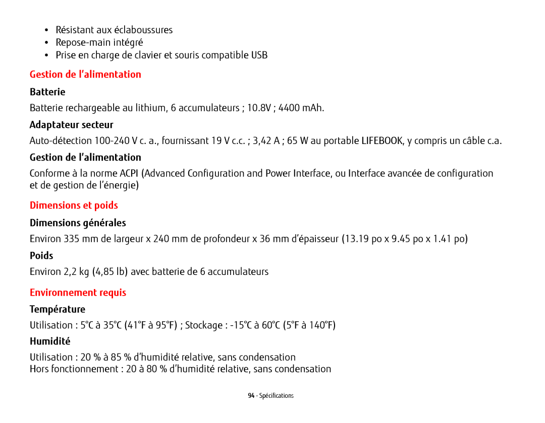 Fujitsu USDLH532 manual Dimensions et poids, Environnement requis 