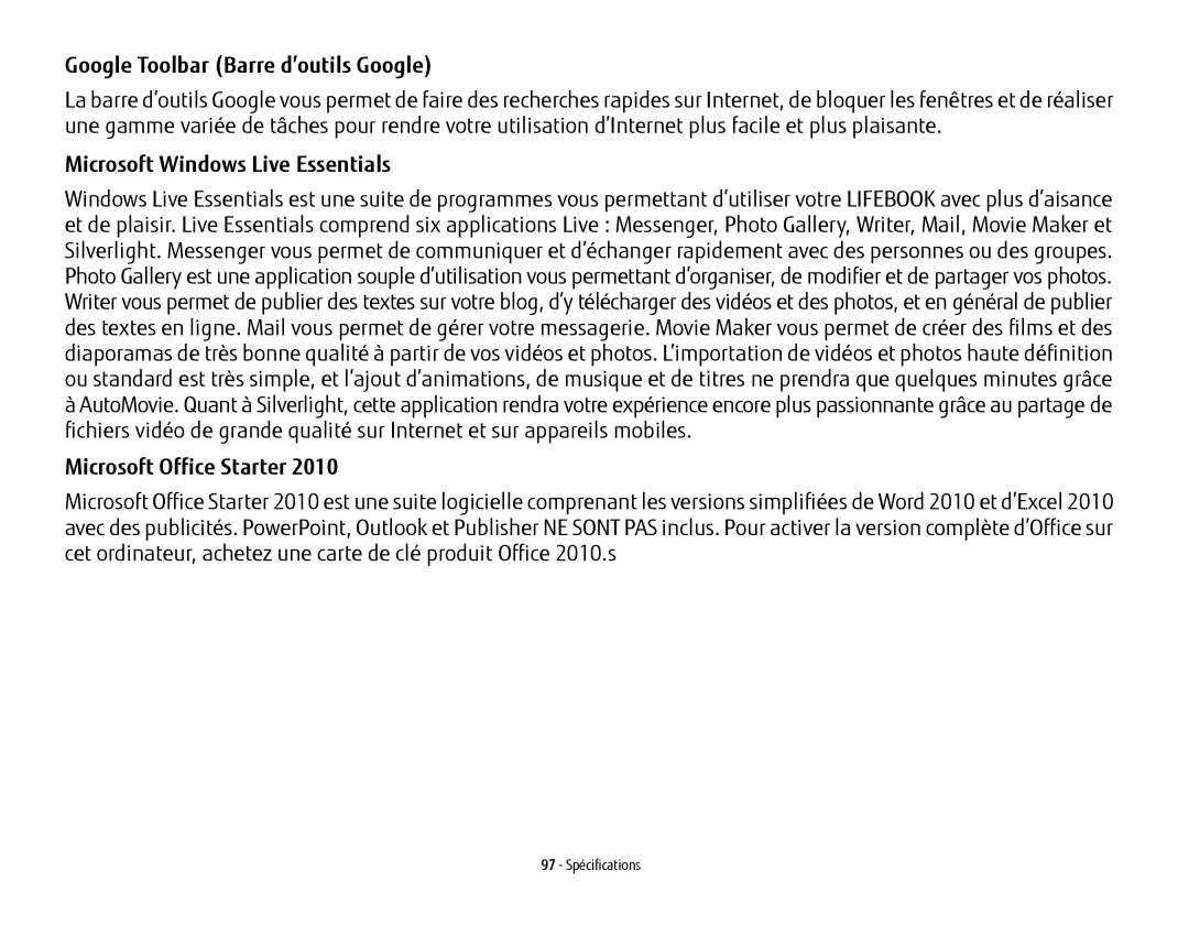 Fujitsu USDLH532 manual Google Toolbar Barre d’outils Google, Microsoft Windows Live Essentials 