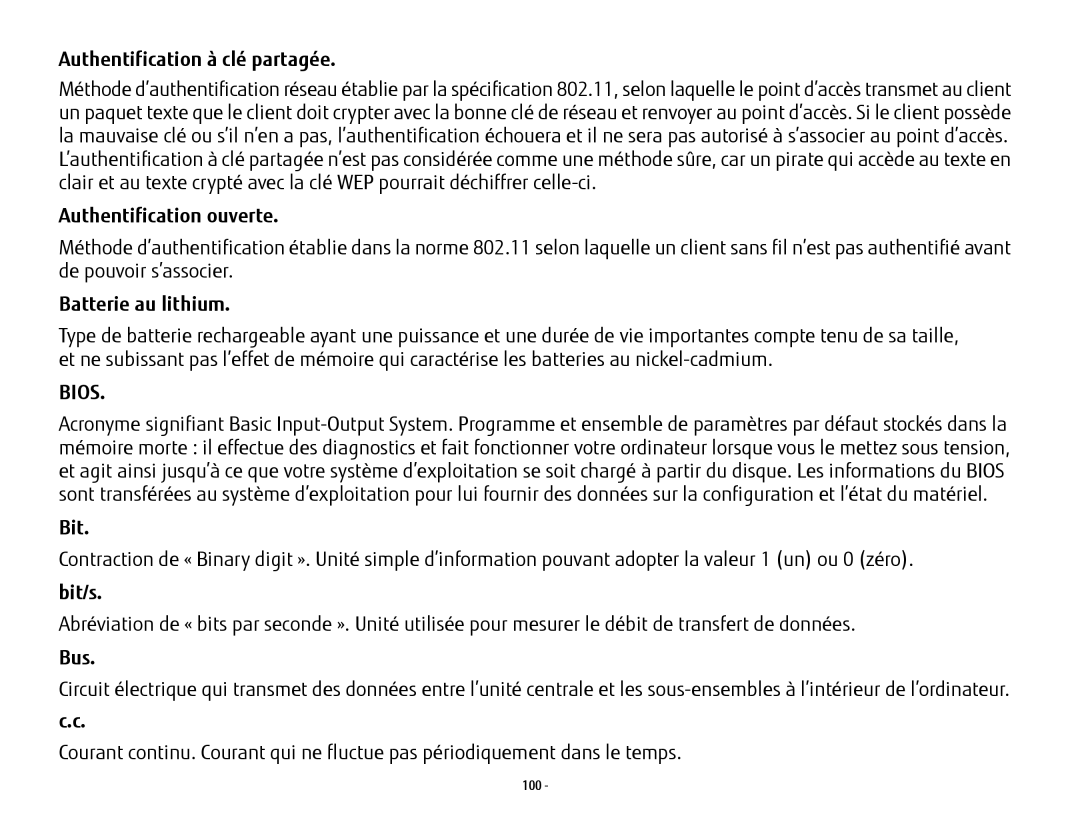 Fujitsu USDLH532 manual Authentification à clé partagée, Authentification ouverte, Batterie au lithium, Bit/s 