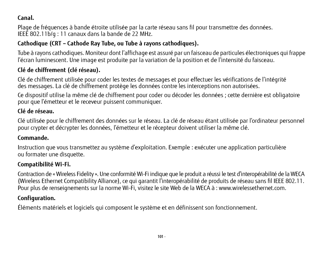 Fujitsu USDLH532 manual Canal, Clé de chiffrement clé réseau, Clé de réseau, Commande, Compatibilité Wi-Fi Configuration 