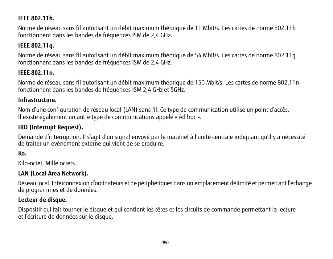 Fujitsu USDLH532 manual Ieee 802.11b, Ieee 802.11g, Ieee 802.11n, IRQ Interrupt Request, LAN Local Area Network 