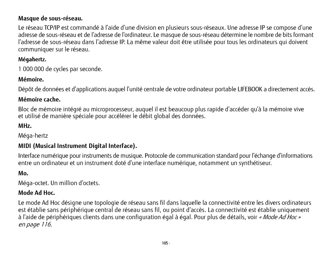 Fujitsu USDLH532 manual Masque de sous-réseau, Mémoire, Midi Musical Instrument Digital Interface, Mode Ad Hoc 