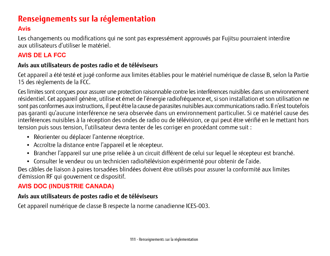 Fujitsu USDLH532 Renseignements sur la réglementation, Avis aux utilisateurs de postes radio et de téléviseurs 