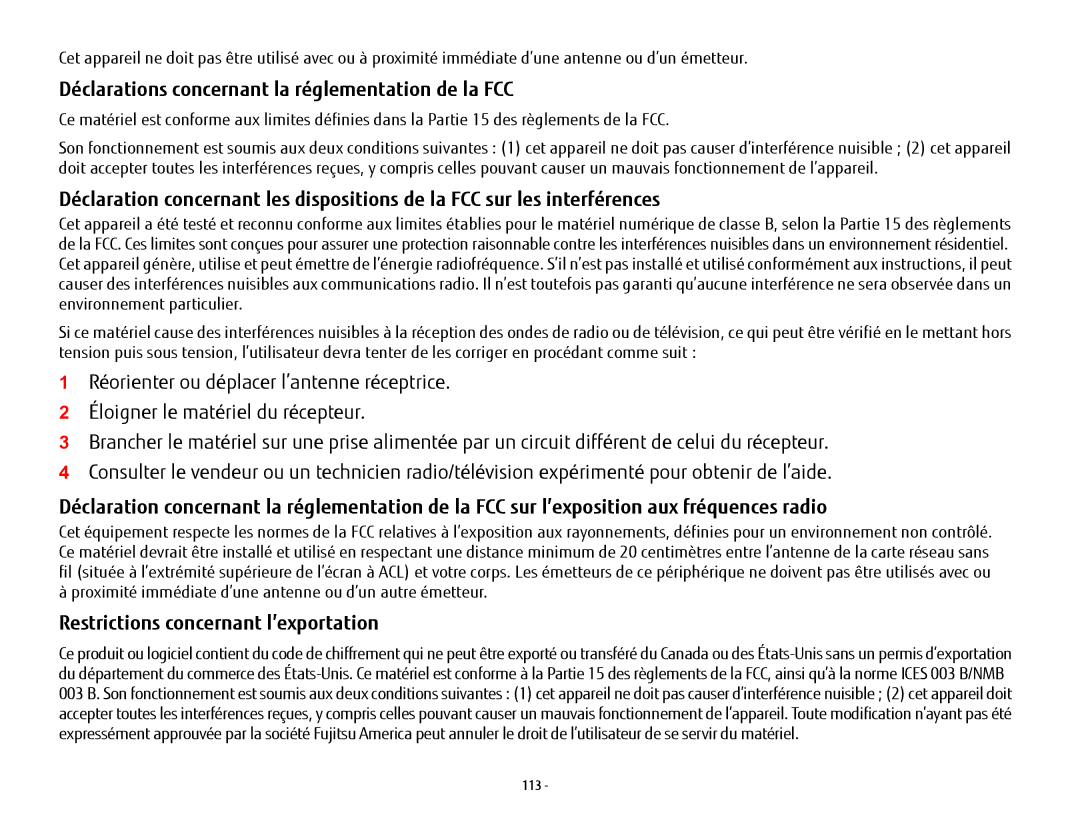 Fujitsu USDLH532 manual Déclarations concernant la réglementation de la FCC, Restrictions concernant l’exportation 