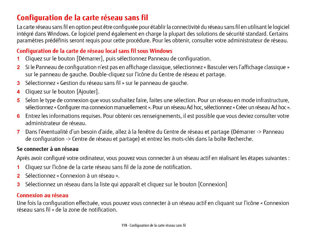 Fujitsu USDLH532 manual Configuration de la carte réseau sans fil, Se connecter à un réseau, Connexion au réseau 