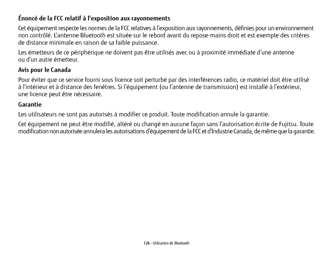 Fujitsu USDLH532 manual Énoncé de la FCC relatif à l’exposition aux rayonnements, Garantie 