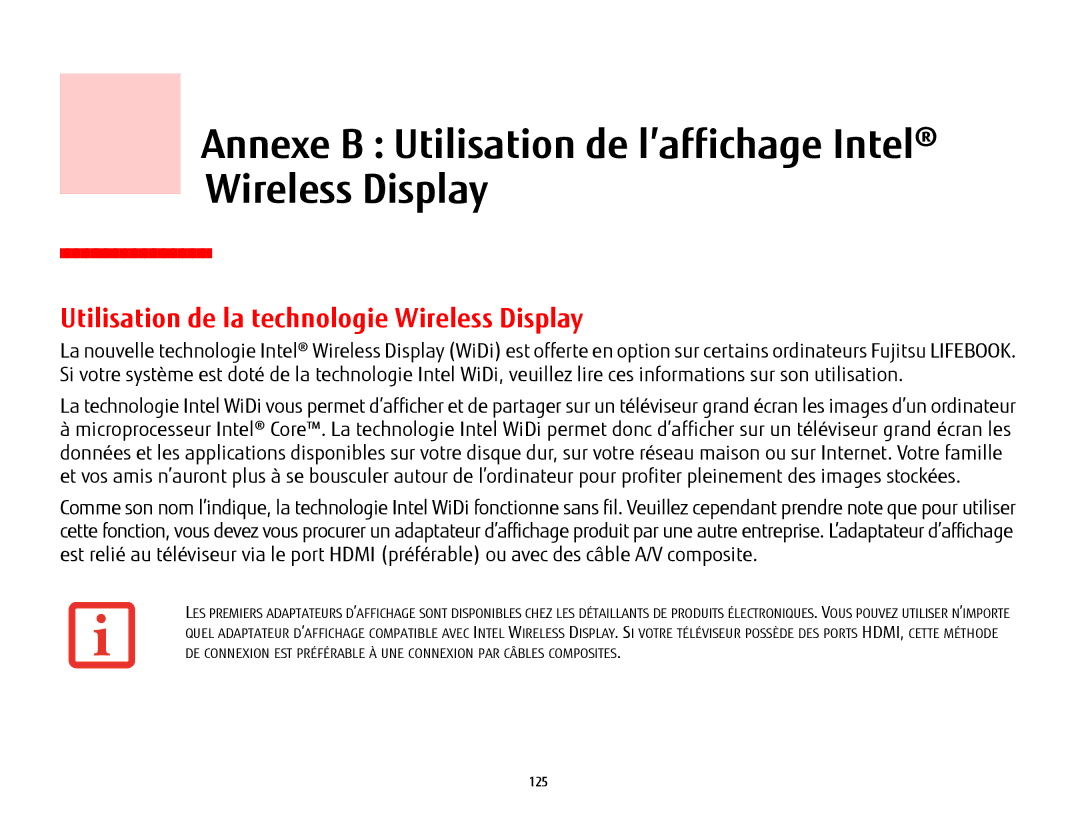 Fujitsu LH532 Annexe B Utilisation de l’affichage Intel Wireless Display, Utilisation de la technologie Wireless Display 