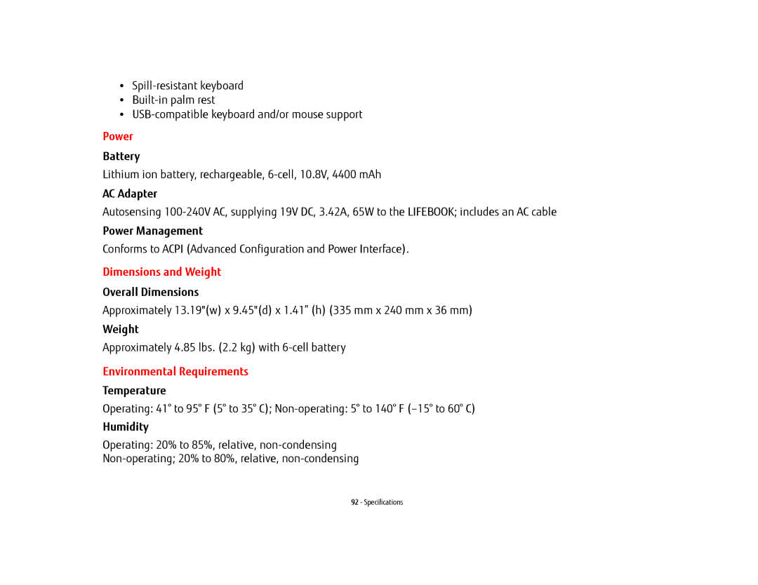 Fujitsu USDLH532 manual Power, Dimensions and Weight, Environmental Requirements 