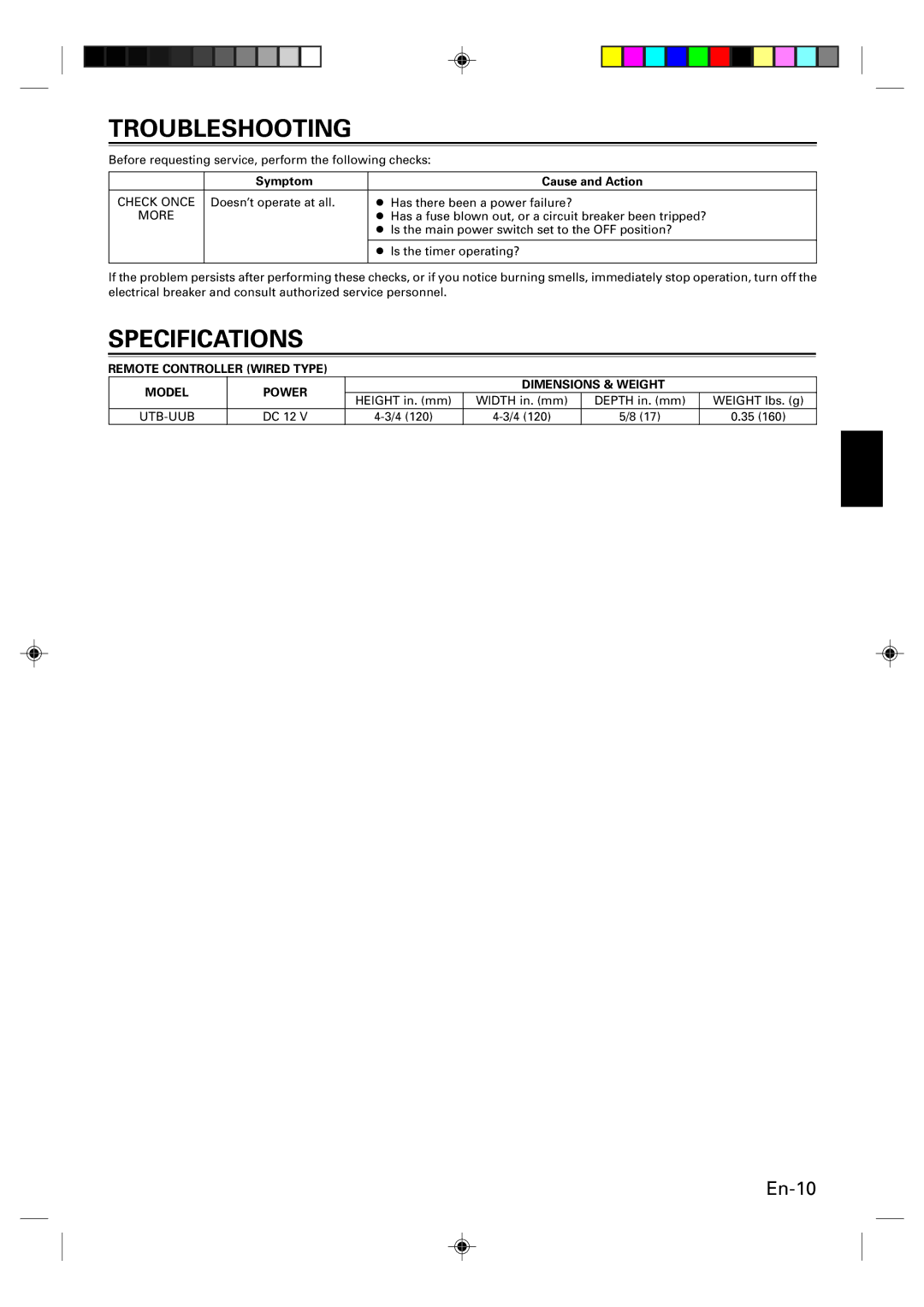 Fujitsu Remote Controller, UTB-UUB manual Troubleshooting, Specifications, Symptom Cause and Action 