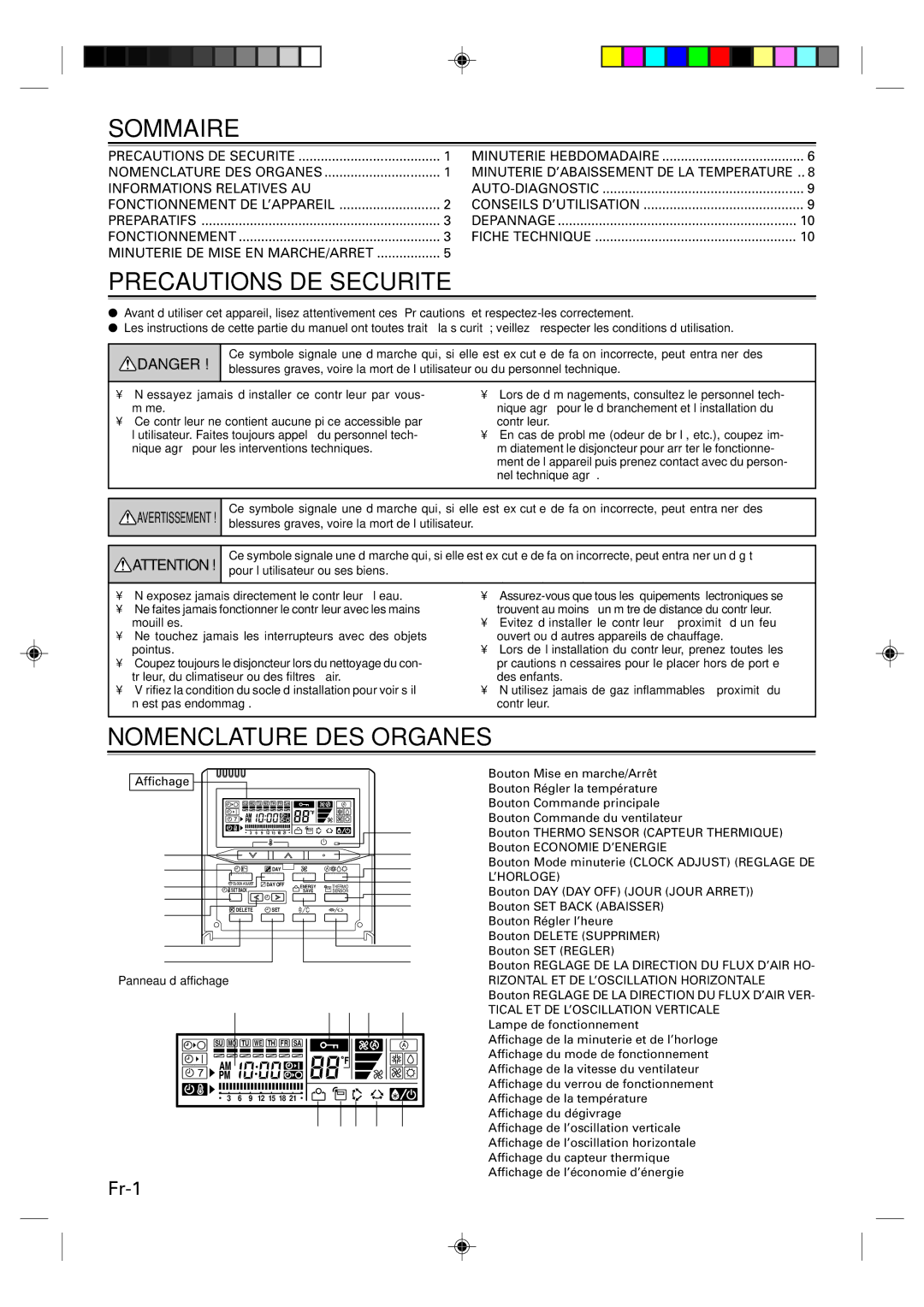 Fujitsu UTB-UUB manual Sommaire, Precautions DE Securite, Nomenclature DES Organes, Affichage, Panneau d’affichage 