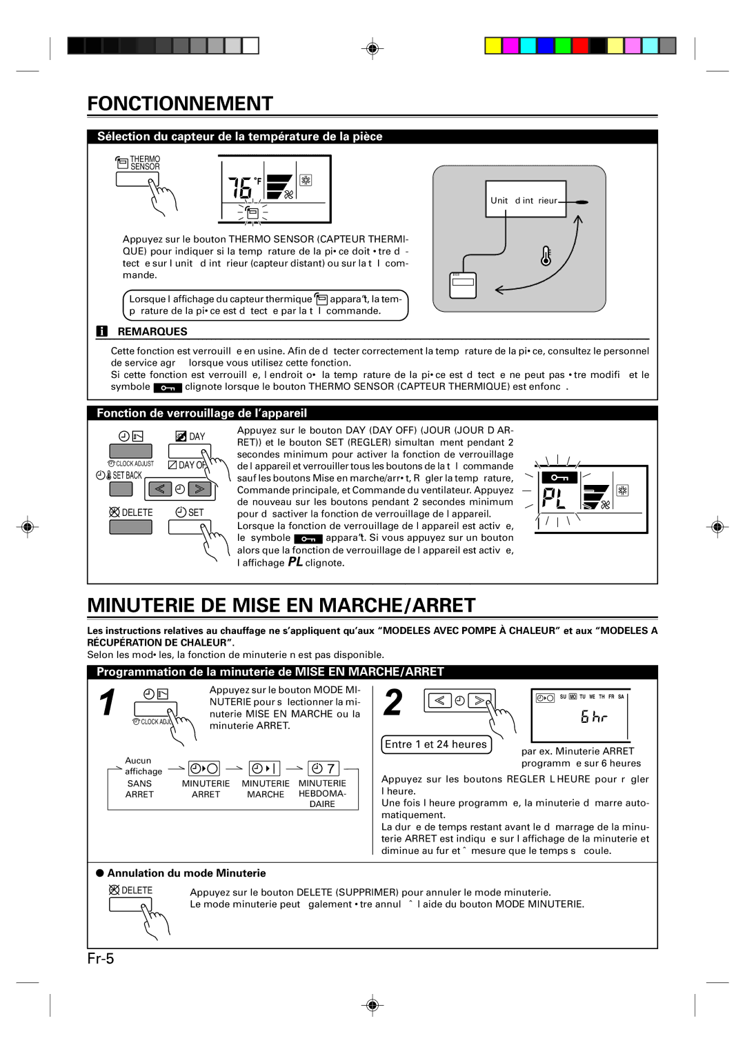 Fujitsu UTB-UUB, Remote Controller Minuterie DE Mise EN MARCHE/ARRET, Sélection du capteur de la température de la pièce 