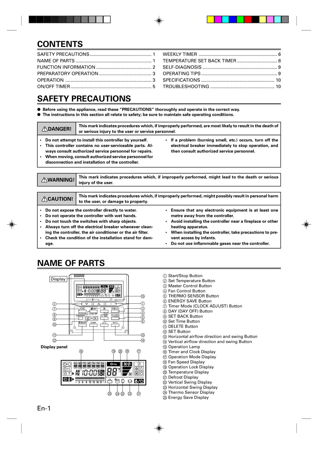 Fujitsu UTB-UUB, Remote Controller manual Contents, Safety Precautions, Name of Parts 