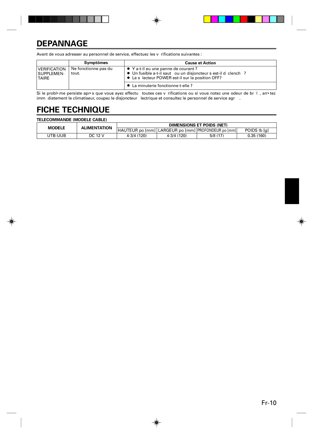 Fujitsu Remote Controller, UTB-UUB manual Depannage, Fiche Technique, Symptômes Cause et Action 