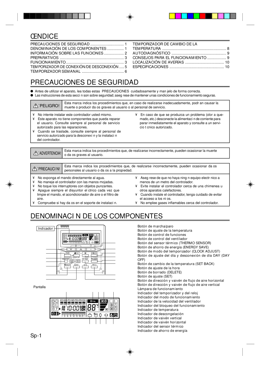 Fujitsu UTB-UUB, Remote Controller Índice, Precauciones DE Seguridad, Denominación DE LOS Componentes, Indicador, Pantalla 