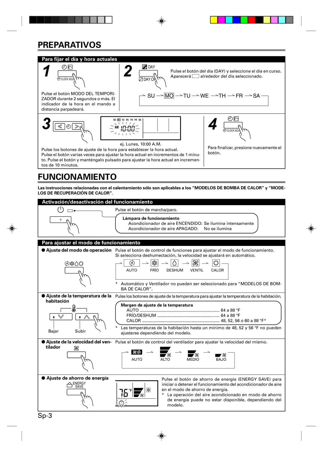 Fujitsu UTB-UUB Preparativos, Funcionamiento, Para fijar el día y hora actuales, Para ajustar el modo de funcionamiento 